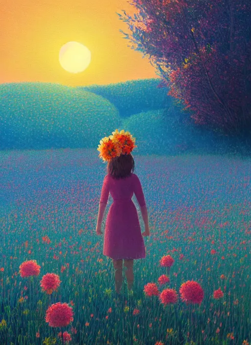 Prompt: girl with one flower head, in a field with flowers, hills, big trees, sunrise dramatic light, impressionist painting, colorful clouds, digital painting, pointillism, artstation, simon stalenhag