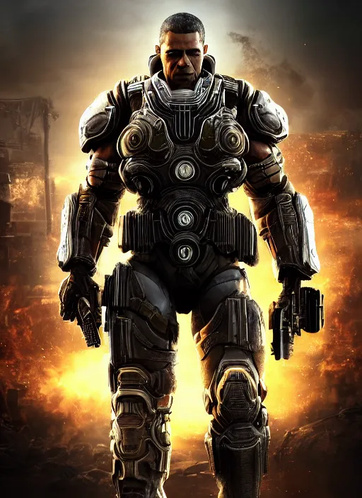 Prompt: full body character portrait of barack obama in gears of war wearing cig armor, metal gear rising, metal gear, barack obama, octane render, 8 k, realistic face, ray tracing, ps 5, subsurface scattering, realistically proportioned head, realistically proportioned face, ambient occlusion