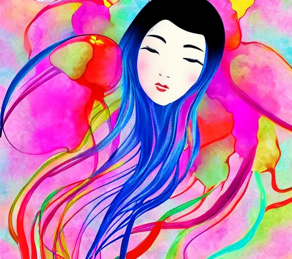 Prompt: abstract beautiful japanese woman jellyfish silk clothing colorful wind