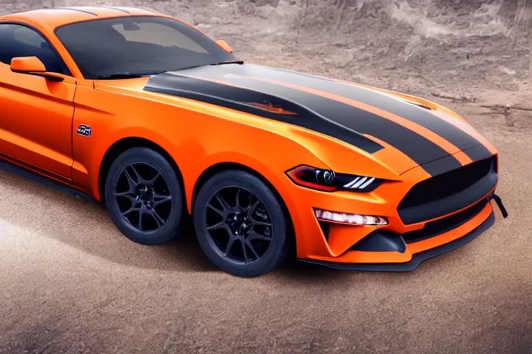 Prompt: a photo hyperrealistic spaceship flying in universe made out of bright orange Ford Mustang