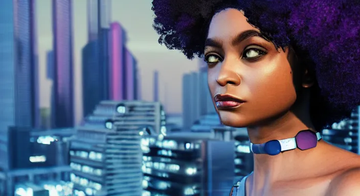 Image similar to portrait of beautiful cyberpunk black woman with afro hair, rio de janeiro pao de acucar corcovado ipanema on the background, blue and purple digital art trending on artstation, beeple, soft lighting, bokeh