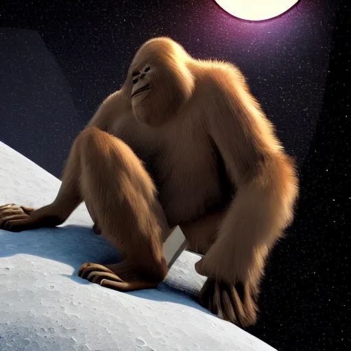 Image similar to Bigfoot sleeping on the moon, beautiful lighting,,digital art , highly detailed , high contrast, beautiful lighting, award winning , trending on art station, 8k, photo realistic,unreal engine 5