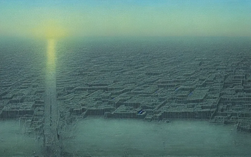 Image similar to greenpoint brooklyn, oil painting by zdzisław beksinski, iridescent color palette chromatic aberration