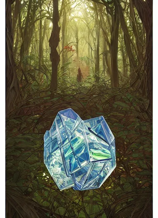 Image similar to a crystal cube in a forest, highly detailed, intricate, concept art, art station, cinematic light, realistic, ethereal light, art by Alphonse Mucha