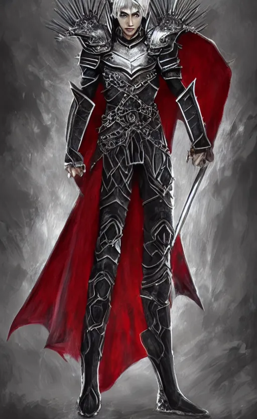 Image similar to A male elf, 20 years old, short silver hair, red eyes, wearing a spiked black metal crown, black heavy armor with gold trim, and a red cape, lean but muscular, attractive, command presence, royalty, weathered face, smooth, sharp focus, illustration, concept art, highly detailed, muscle definition, fantasy paitning, ArtStation, ArtStation HQ