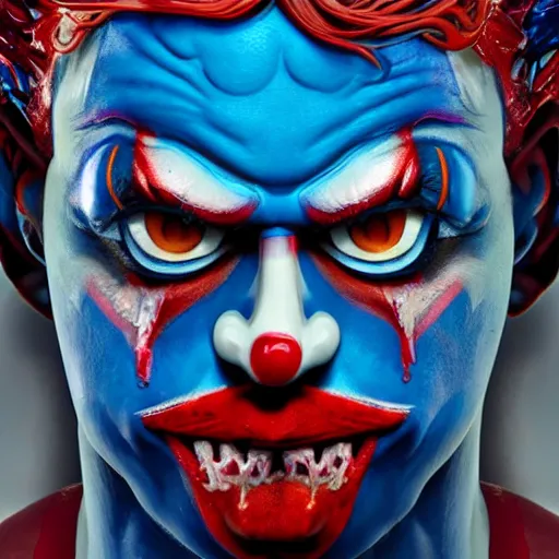 Image similar to 4K headshot of godlike clown with blue skin defined arms and open hands and bloody clothes with giant mandala wings , intricate clown face make-up , flawless anime cel animation by Kentaro Miura, psychedelic , highly detailed upper body , professionally post-processed , beautiful, scary, symmetry accurate features, epic, octane rendered, anime masterpiece, accurate