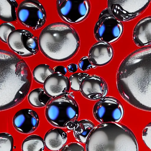 Prompt: chrome spheres on a red cube by yves tanguy