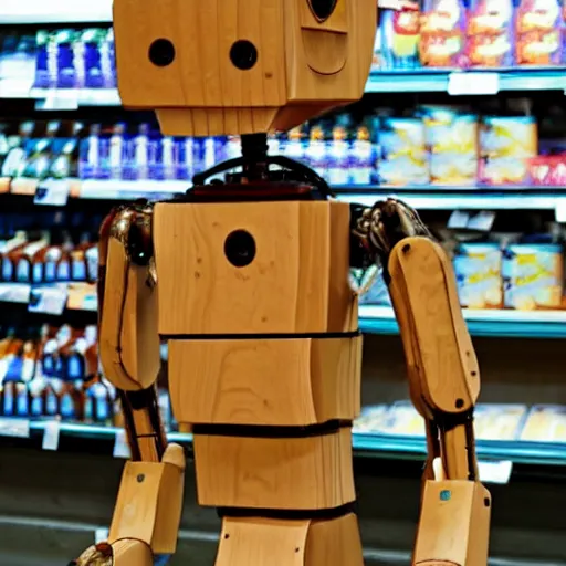 Image similar to a happy anthropromorphic robot made out of wood in a grocery store
