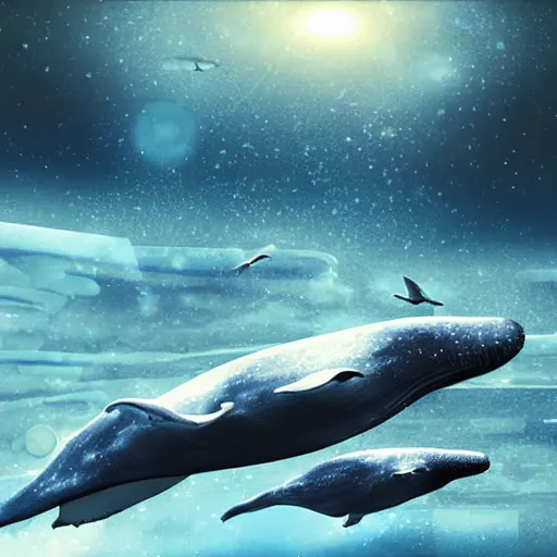 Image similar to a spaceship flies away abandoning a whale explorer on an alien world, sci-fi digital art illustration,