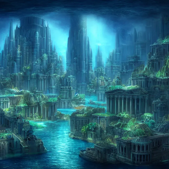 Prompt: hyper realistic, high detail photo of city of atlantis, underwater, lights on buildings, beautiful, dreary lighting