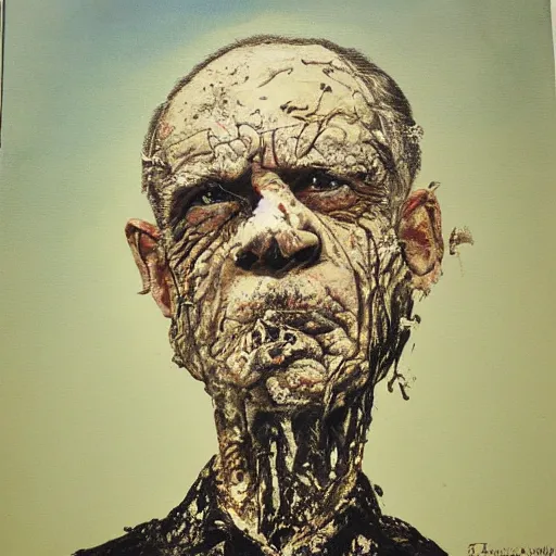 Image similar to a scary painting of an old man covered in mud