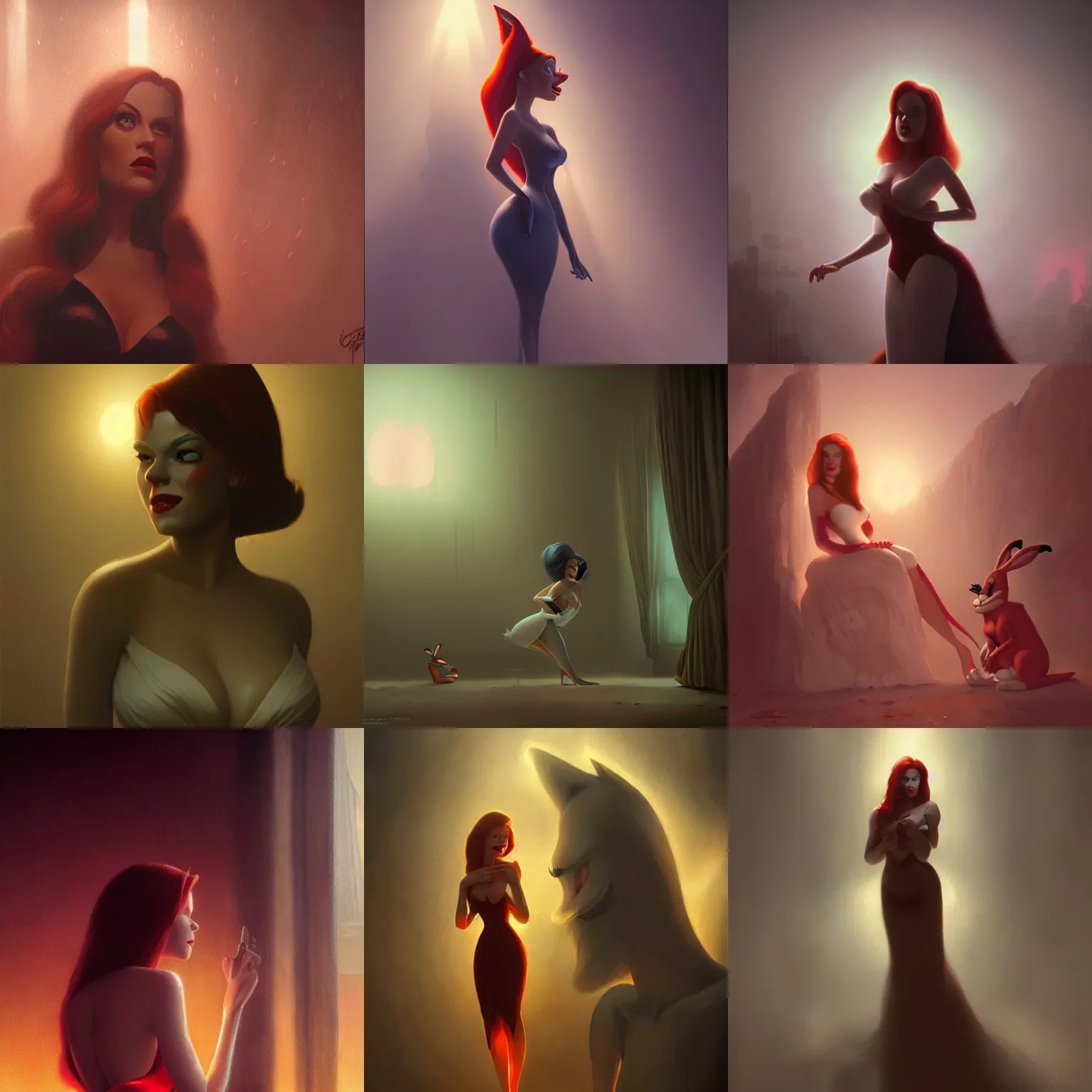 Prompt: jessica rabbit and bugs bunny. atmospheric lighting. detailed matte portrait painting by greg rutkowski.