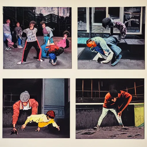 Prompt: four breakdancers battling in the bronx in 1984, by Andy Warhol, gritty, energetic, hyperrealistic, intricate, Moody lightning, trending on artstation