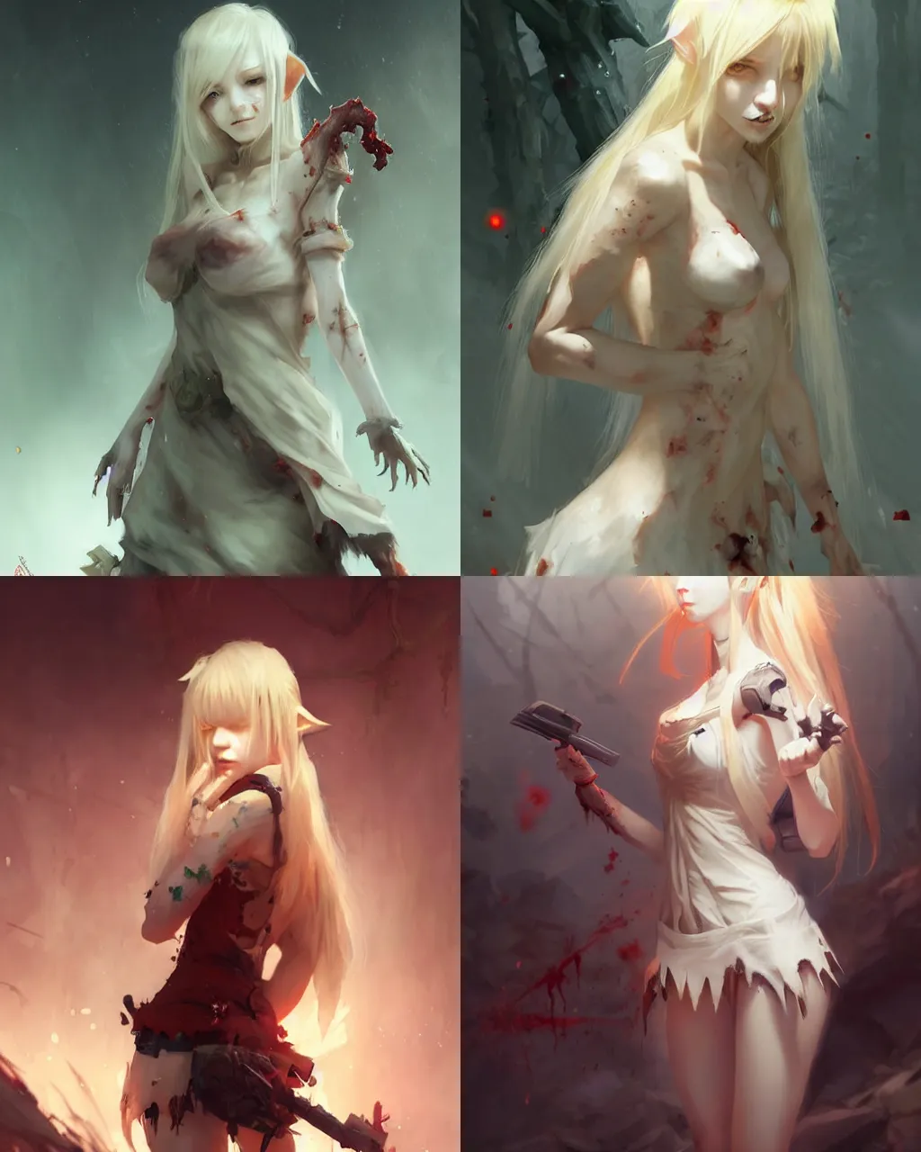 Prompt: damaged zombie elf girl with blonde hair and white dress, bloodthirsty, half - length photo, illustration, perfectly shaded, atmospheric lighting, by wenjun lin an krenz cushart