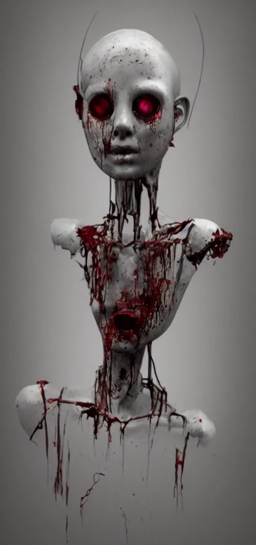 Image similar to old rotting mannequin staring at center of screen with wide bloodshot eyes, horror art, body horror, disturbing, intense, artstation, dramatic, scary, 4K, realistic,