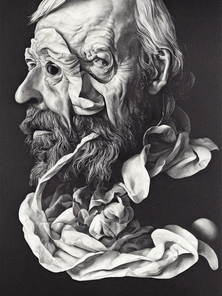 Image similar to hyperrealistic still life painting of a alan watts, by Caravaggio, botanical print, surrealism