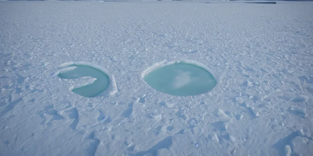 Image similar to the stargate half buried in the arctic ice, realistic landscape