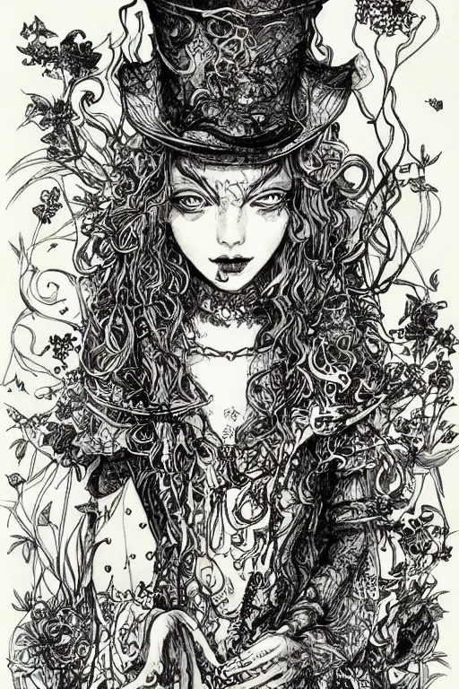 Prompt: Stoner Alice in wonderland tarot card , pen and ink, intricate line drawings, by Yoshitaka Amano, Ruan Jia, Kentaro Miura, Artgerm, watercolor