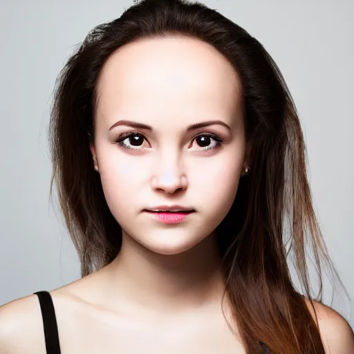 Image similar to photograph of girl with big forehead with square face and small bird beak lips and small round nose and dark black, high detail 8k,