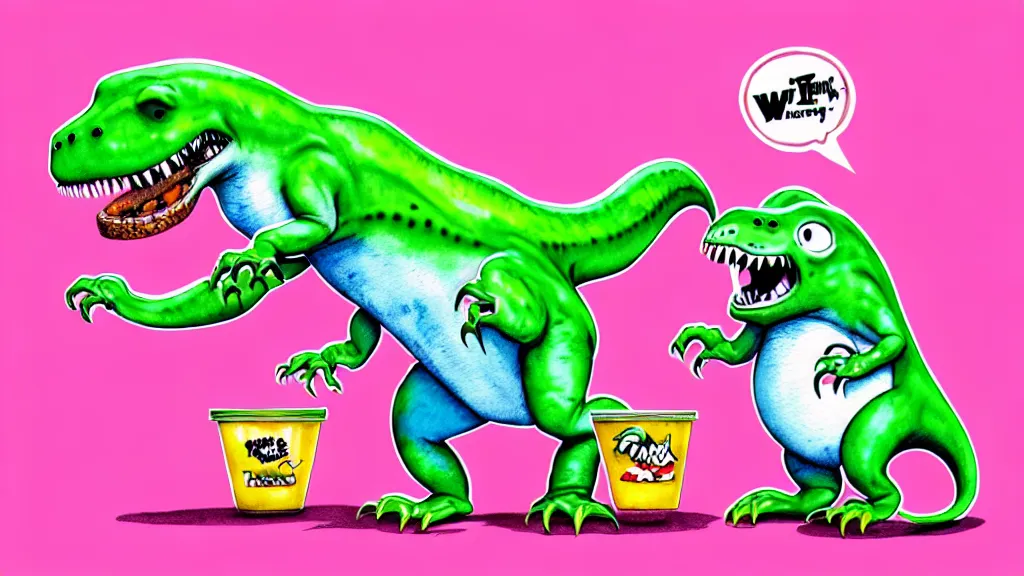 Image similar to cute and funny, t - rex wearing a t - shirt dancing with a ladybug of the same size, ratfink style by ed roth, centered award winning watercolor pen illustration, isometric illustration by chihiro iwasaki, edited by range murata, tiny details by artgerm and watercolor girl, symmetrically isometrically centered