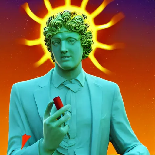 Image similar to the statue of helios in a business suit smoking a cigarette in space, vaporwave, chromatic abberation, highly detailed