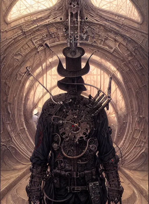 Image similar to portrait of a executioner, hyper detailed masterpiece, dystopian background, jean giraud, digital art painting, darkwave goth aesthetic, lovecraftian, artgerm, donato giancola and tom bagshaw