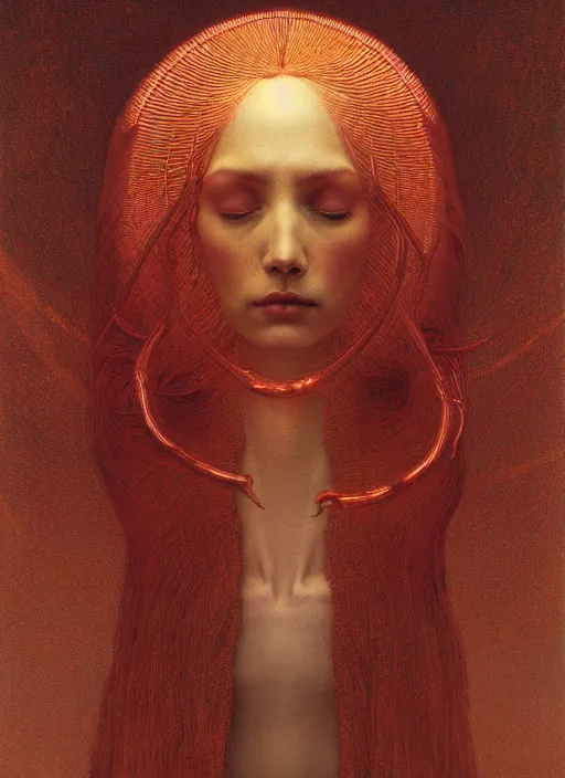 Image similar to Woman masterpiece, red, golden halo behind her head, by Edgar Maxence and Ross Tran, Zdzisław Beksiński, and Michael Whelan, distant, gustav dore, H.R. Giger, 8k, octane render