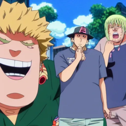 Image similar to A still of Jonah Hill with blonde hair wearing a tie dye t-shirt and a hat in One Piece Anime Series