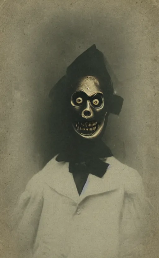 Prompt: a portrait photograph of a victorian wearing a scary vintage halloween mask, creepy, atmospheric, 1 9 0 0 s picture