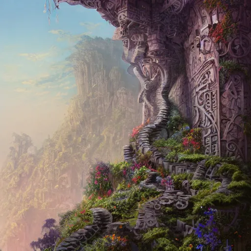 Image similar to forgotten stone city on a hill that rises up from the plain. the stone is carved into intricate patterns: spirals and flowers, vines and knots. towers high above, archways, strange trees and flowers. a beautiful and vivid and colorful andreas rocha and peter mohrbacher acrylic painting, trending on artstation