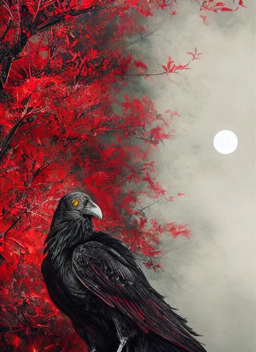 Image similar to red and golden color details, portrait, A crow with red eyes in front of the full big moon, book cover, red tree, red white black colors, establishing shot, extremly high detail, foto realistic, cinematic lighting, by Yoshitaka Amano, Ruan Jia, Kentaro Miura, Artgerm, post processed, concept art, artstation, raphael lacoste, alex ross, portrait, A crow with red eyes in front of the full big moon, book cover, red roses, red white black colors, establishing shot, extremly high detail, photo-realistic, cinematic lighting, by Yoshitaka Amano, Ruan Jia, Kentaro Miura, Artgerm, post processed, concept art, artstation, raphael lacoste, alex ross