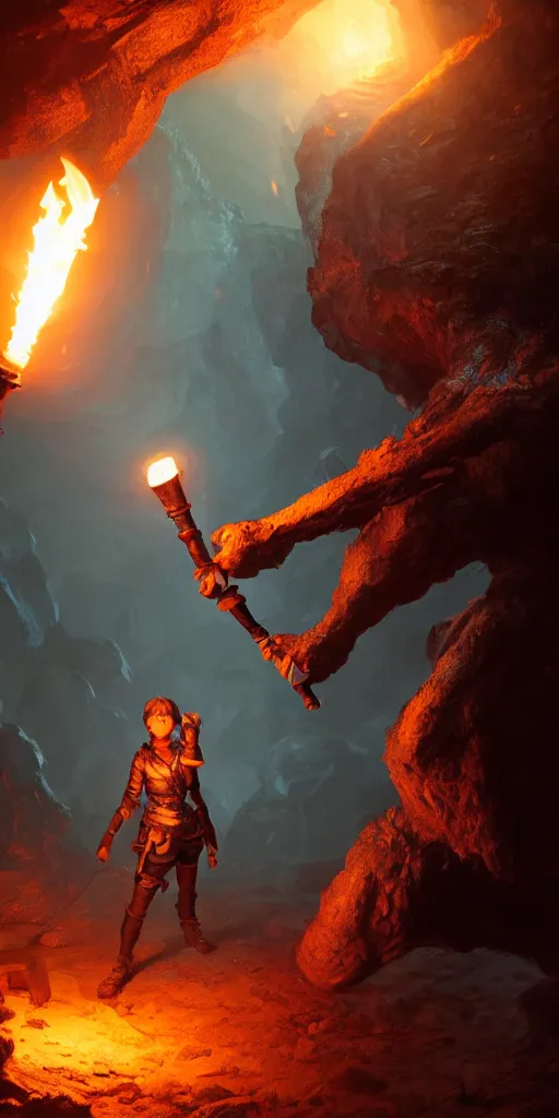 Image similar to a epic hero adventurer holding a torch in a dark cave, fantsy, concept art, artgerm, monster hunter world, 8 k realistic, radiant light, frostbite 3 engine, dof, cryengine, digital art, detailed background