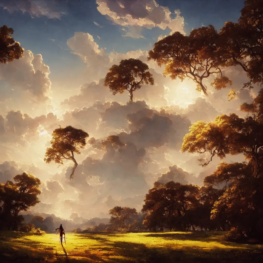 Prompt: a sending down [ of the revelation ] from him who created the earth and the lofty heavens, overdetailed art, by greg rutkowski, by rhads, sharp focus, god looking at me, a tree and river on foreground ground