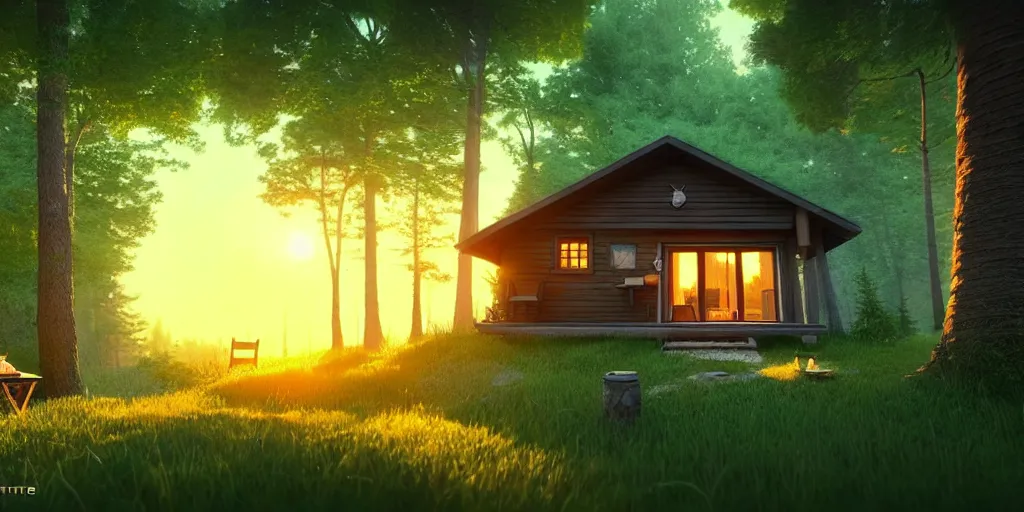 Prompt: a cozy little house in the woods, relaxing, 3 d concept art by scott zenteno, chill, relaxing, peaceful, sunset, extremely detailed art, unreal engine 5, hyper realism, blue - green aesthatic