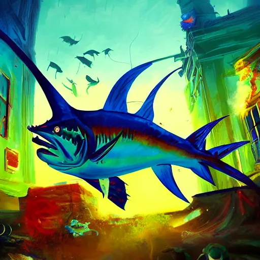 Image similar to zombified marlin, beautiful composition, wide angle, colorful, cinematic, volumetric lighting, intricate details painting