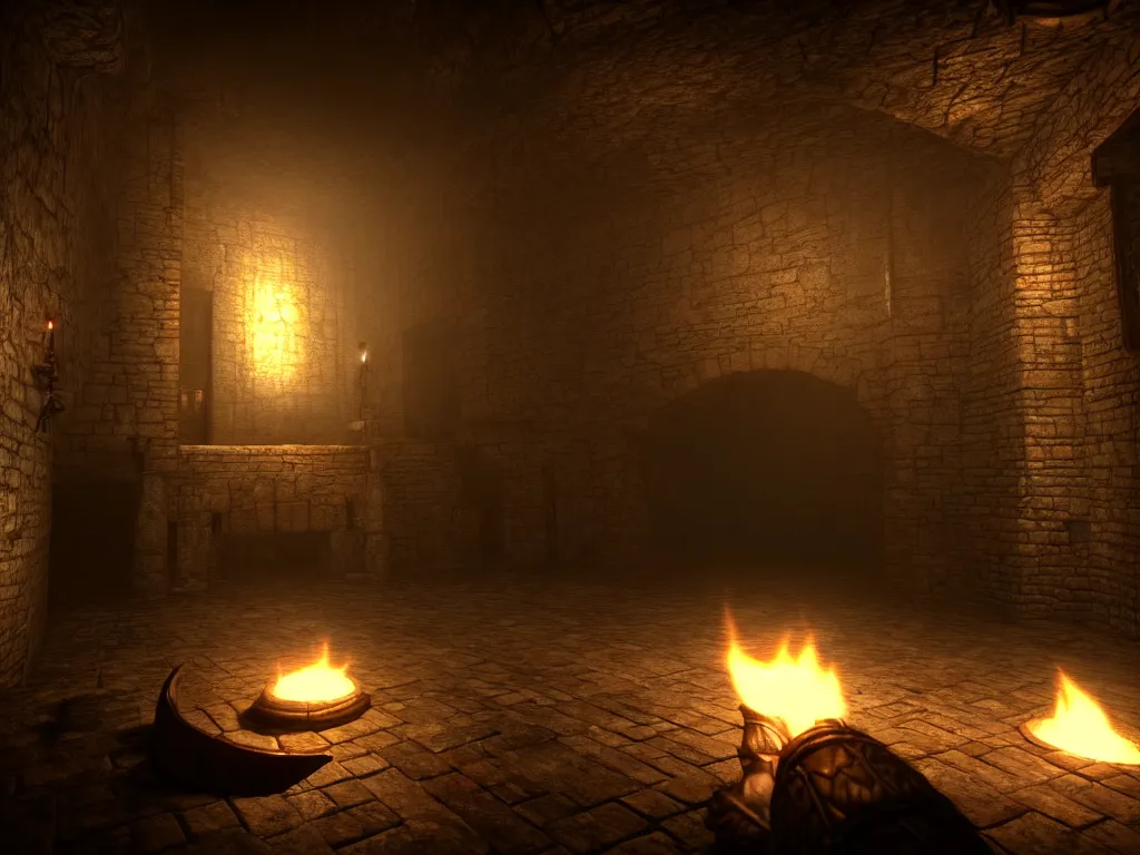 Prompt: delicious torch lit prison dungeon jail cell atmospheric unreal engine hyperreallistic render 8k character concept art masterpiece screenshot from the video game the Elder Scrolls V: Skyrim moody flame global illumination