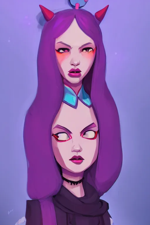 Prompt: a portrait of humanization of princess purple from adventure time, grim - lighting, high - contrast, intricate, elegant, highly detailed, digital painting, artstation, concept art, smooth, sharp focus, illustration