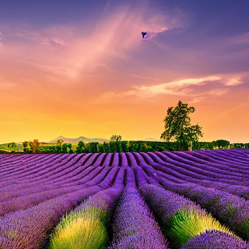 Image similar to lavender field in provence at sunset with a cat sitting in foreground