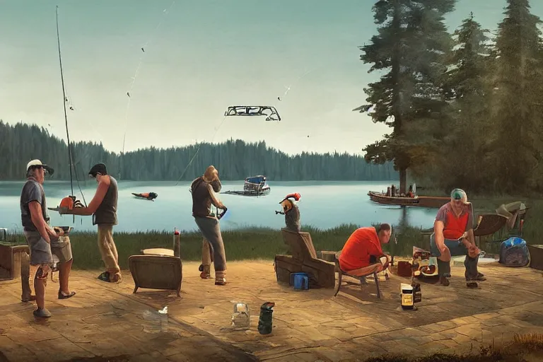 Prompt: mid - thirties guys binge drinking and fishing in front of a lake, in the style of simon stalenhag