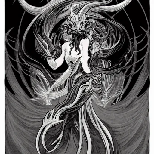 Prompt: full body grayscale drawing by Anato Finnstark of horned demon in heroic pose, swirling flames, brutal, alphonse mucha,