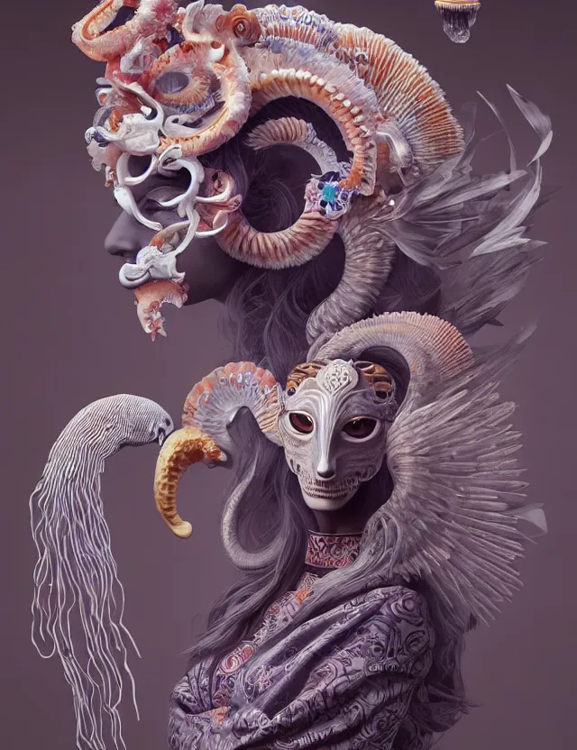 Image similar to 3 d goddess half - turn portrait with ram skull. beautiful intricately detailed japanese crow kitsune mask and clasical japanese kimono. betta fish, jellyfish phoenix, bio luminescent, plasma, ice, water, wind, creature, artwork by tooth wu and wlop and beeple and greg rutkowski