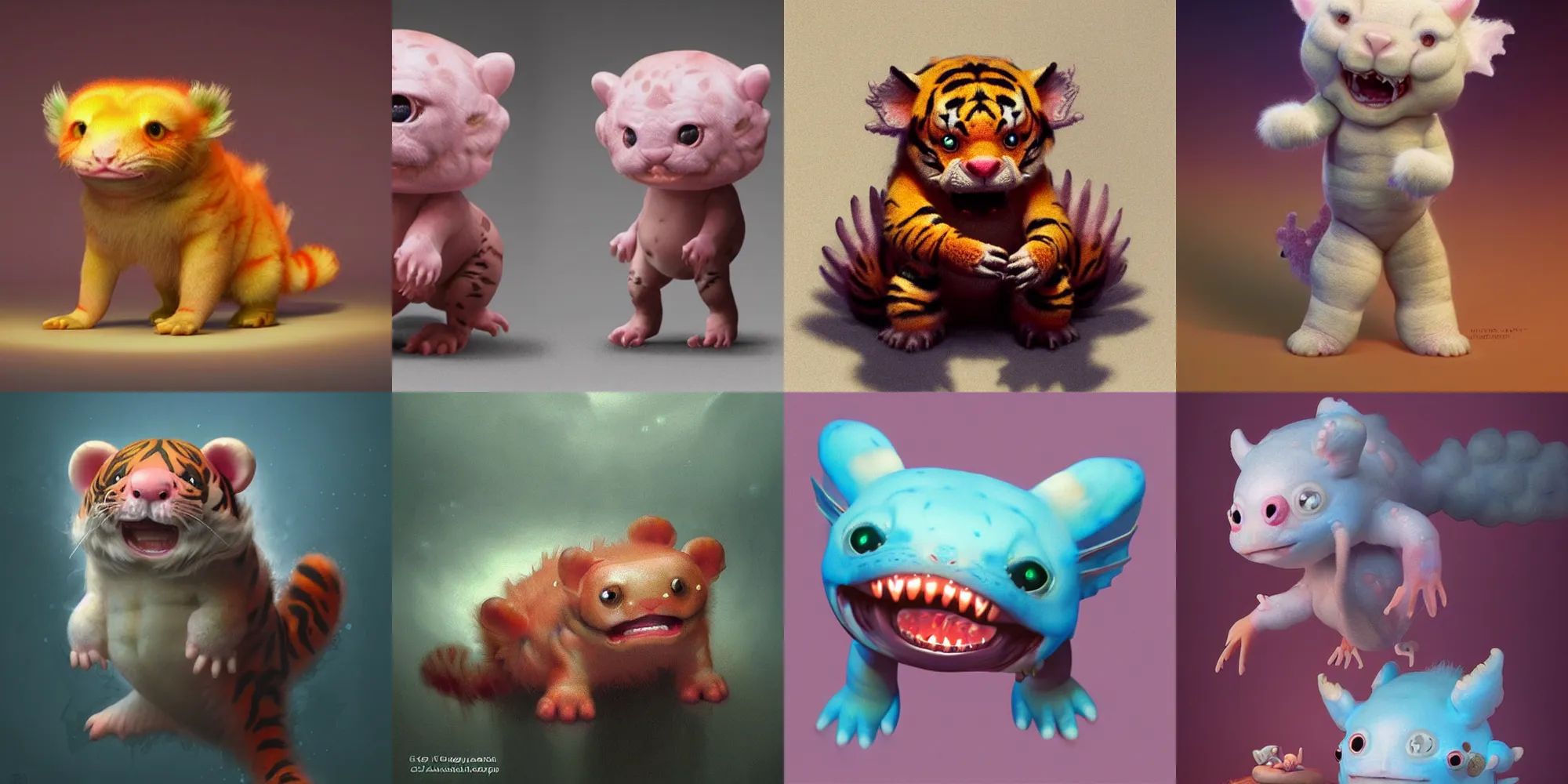 Prompt: cute! fluffy baby tiger axolotl, fury, SSS, wrinkles, grin, rimlight, dancing, fighting, bioluminescent screaming pictoplasma characterdesign toydesign toy monster creature, artstation, cg society, by greg rutkowski, by William-Adolphe Bouguereau, by zdzisław beksiński, by Peter mohrbacher, by nate hallinan, 8k