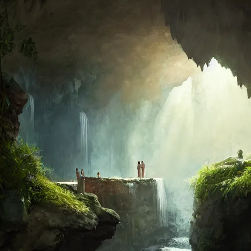 Image similar to cozy, empty bathhouse hidden in a cave, intimate candlelight, towels, cushions, natural light, lush plants and flowers, (((((((no people))))))))), elegant, smooth cave rock, fantasy, atmospheric lighting, digital painting, Greg Rutkowski concept art