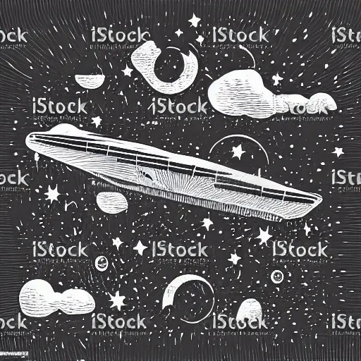 Image similar to zeppelin in the night sky, vector art, line art, engraving illustration