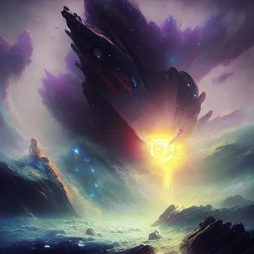 Image similar to ''cinematic shot'' a galaxy dragon made of all the galaxy in the space flying making peace in the universe stars planets realistic atmosferic made by ivan aivazovsky, peter mohrbacher, greg rutkowski volumetric light effect broad light oil painting painting fantasy art style sci - fi art style realism premium prints available artwork unreal engine