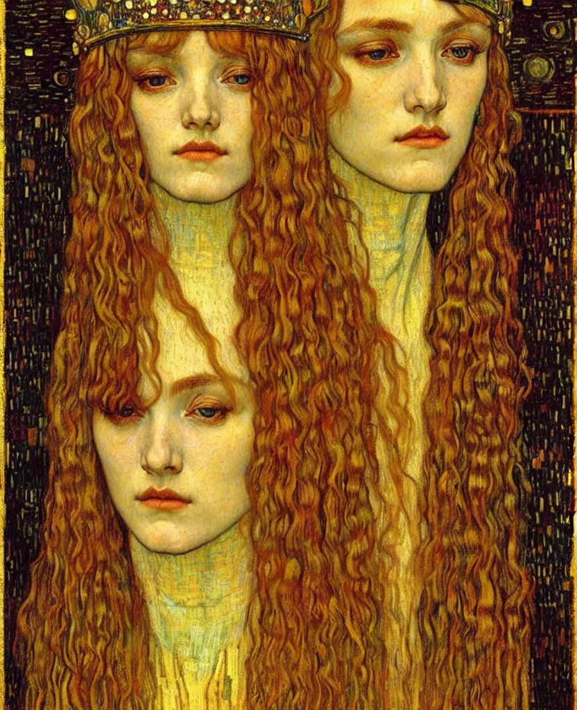 Image similar to detailed realistic beautiful young medieval queen face portrait by jean delville, gustav klimt and vincent van gogh, art nouveau, symbolist, visionary, gothic, pre - raphaelite, muted earthy colors, desaturated