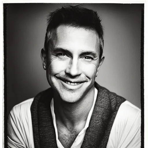 Prompt: a headshot portrait of a happy handsome masculine gay man by Annie Leibovitz