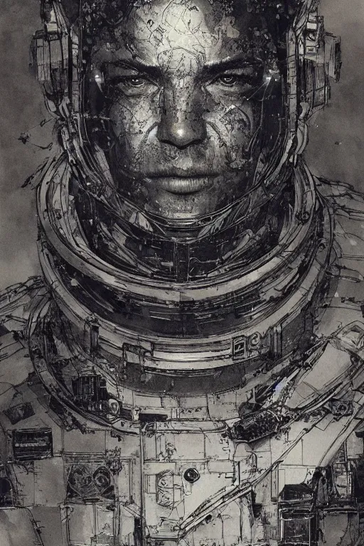 Image similar to portrait of astronaut from the void, pen and ink, intricate line drawings, by craig mullins, ruan jia, kentaro miura, greg rutkowski