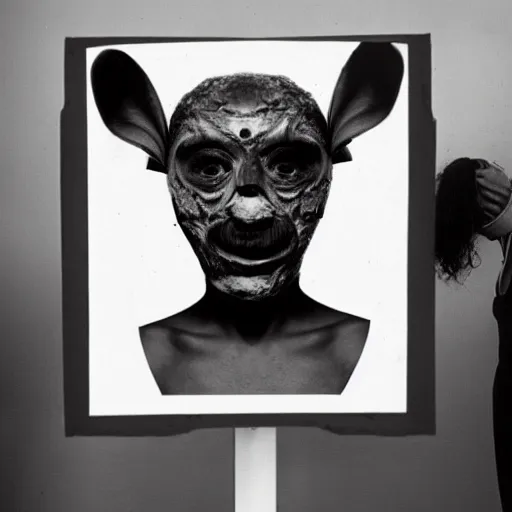 Image similar to photo of ugly brutal animal face mask muscular cultist by Diane Arbus and Louis Daguerre