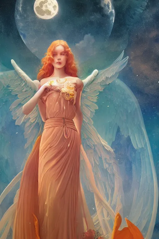 Image similar to Angelic beauty in the moonlight, the Tyndal effect, Art Nouveau Cosmic 4k Detailed Matte Illustration featured on Getty Images ,CGSociety, Jade and Carrot orange color scheme, Pastiche by Marc Simonetti, Pastiche by Cedric Peyravernay